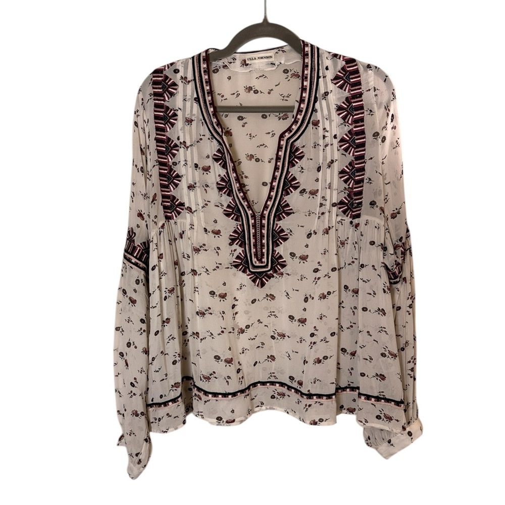 Ulla Johnson Silk Embroidered Boho Scandi Peasant Blouse with Front Tassels Sz 4